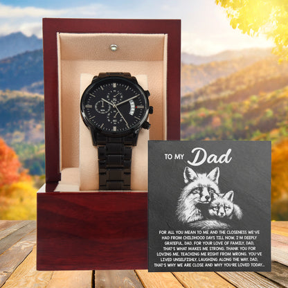 To My Dad Black Chronograph Watch - Meaningful Father's Day Gift with Family Love Message and Fox & Kit Design - Elegant Gift Box Included - Mallard Moon Gift Shop