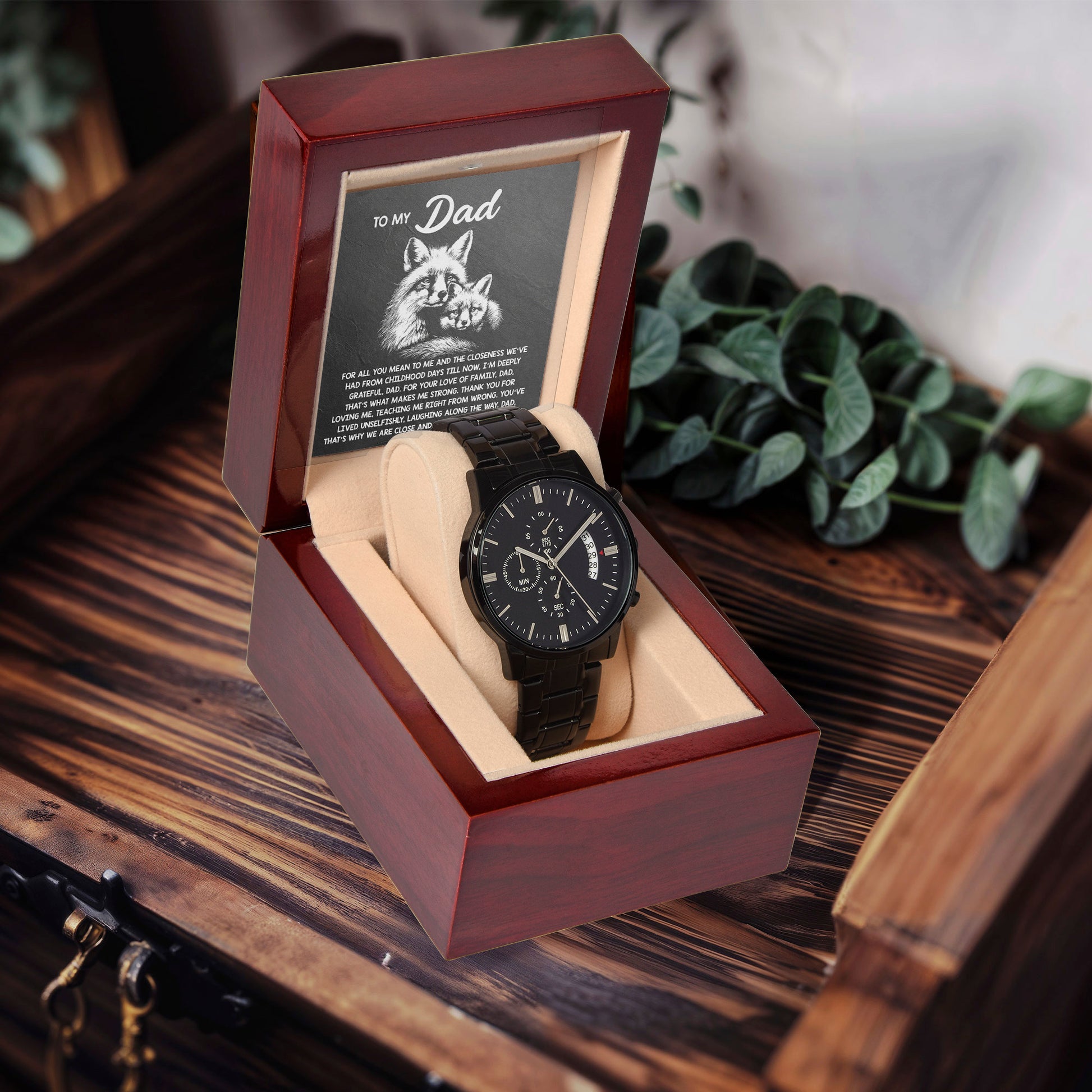 To My Dad Black Chronograph Watch - Meaningful Father's Day Gift with Family Love Message and Fox & Kit Design - Elegant Gift Box Included - Mallard Moon Gift Shop