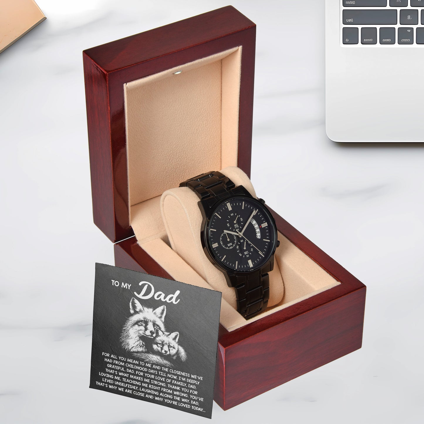 To My Dad Black Chronograph Watch - Meaningful Father's Day Gift with Family Love Message and Fox & Kit Design - Elegant Gift Box Included - Mallard Moon Gift Shop