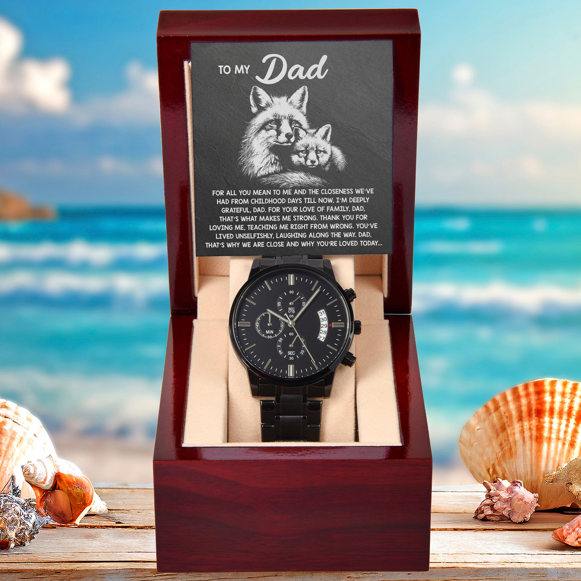 To My Dad Black Chronograph Watch - Meaningful Father's Day Gift with Family Love Message and Fox & Kit Design - Elegant Gift Box Included - Mallard Moon Gift Shop