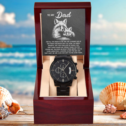 To My Dad Black Chronograph Watch - Meaningful Father's Day Gift with Family Love Message and Fox & Kit Design - Elegant Gift Box Included - Mallard Moon Gift Shop