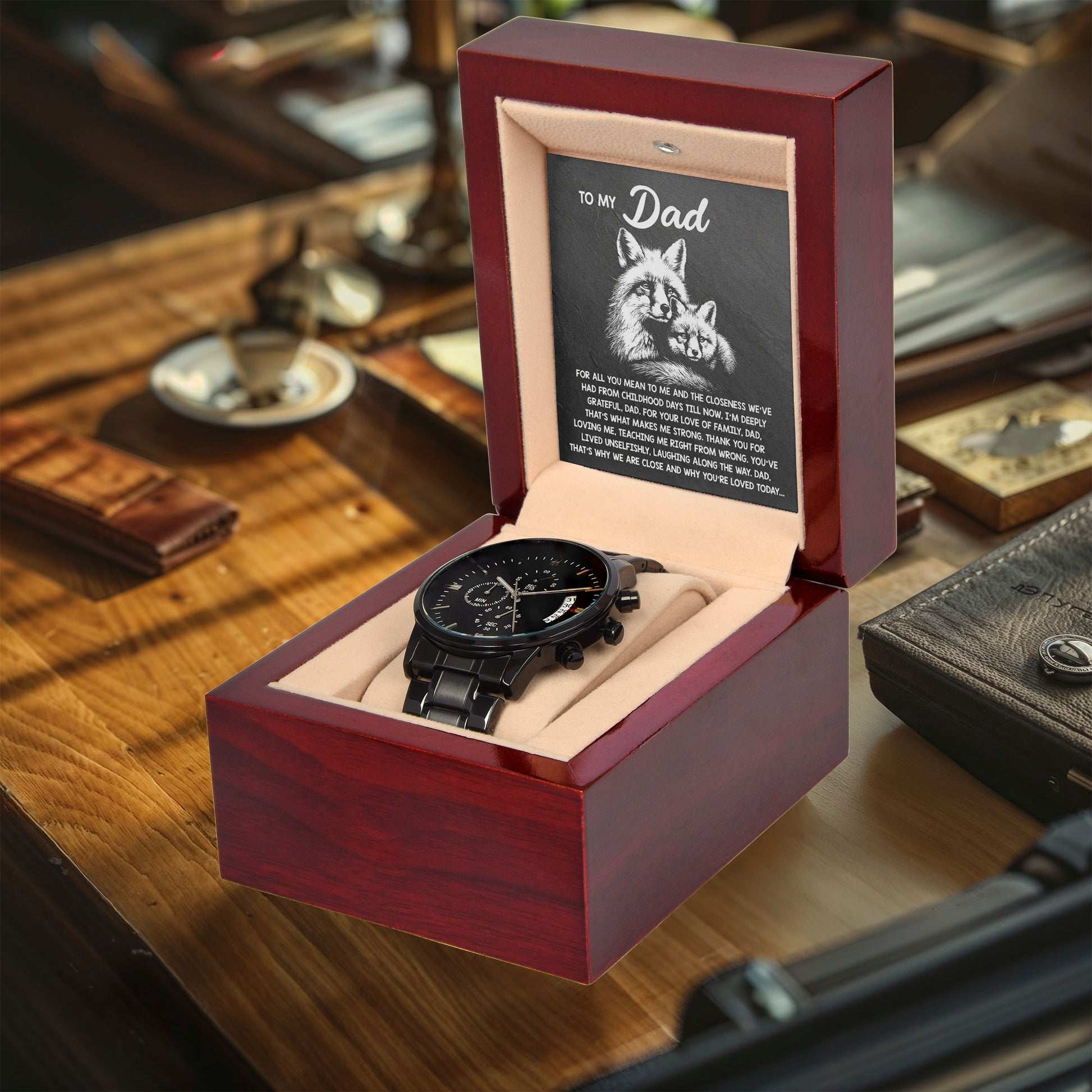 To My Dad Black Chronograph Watch - Meaningful Father's Day Gift with Family Love Message and Fox & Kit Design - Elegant Gift Box Included - Mallard Moon Gift Shop