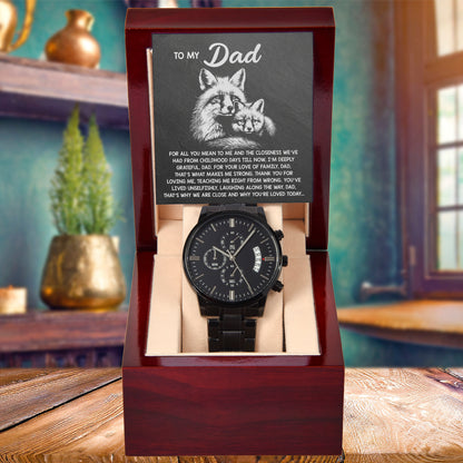 To My Dad Black Chronograph Watch - Meaningful Father's Day Gift with Family Love Message and Fox & Kit Design - Elegant Gift Box Included - Mallard Moon Gift Shop