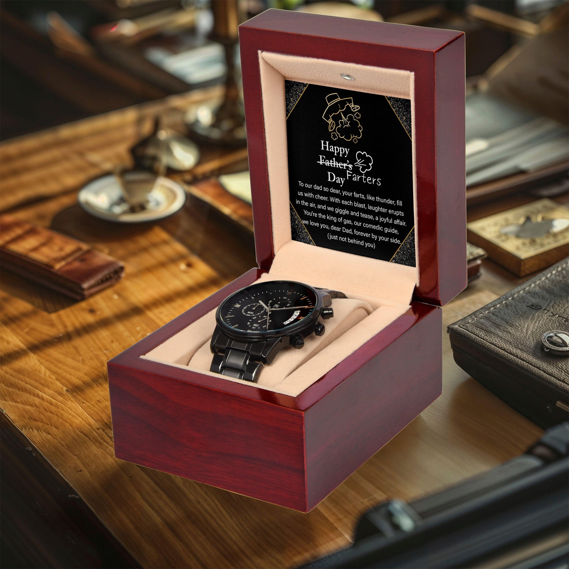 Dad Gift -Funny Happy Farter's Day Black Chronograph Watch - Mallard Moon Gift Shop