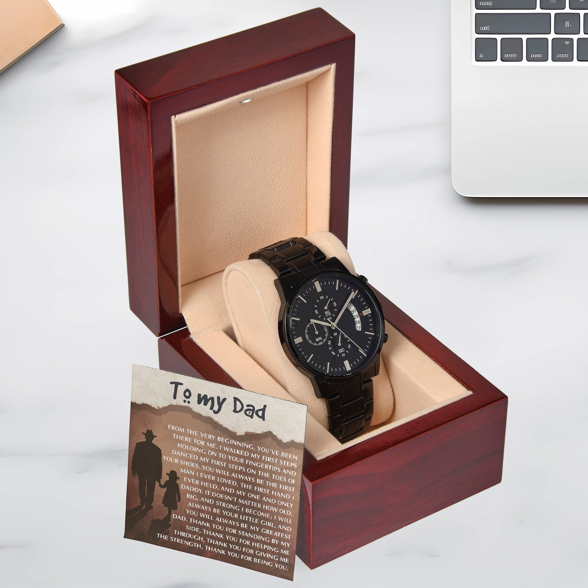 To My Dad - First Love Father Daughter Message Card with Luxury Black Chronograph Watch - Meaningful Father's Day Gift from Daughter - Mallard Moon Gift Shop