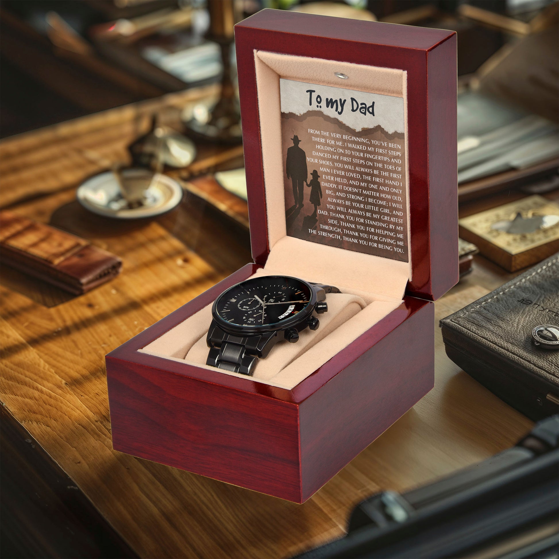To My Dad - First Love Father Daughter Message Card with Luxury Black Chronograph Watch - Meaningful Father's Day Gift from Daughter - Mallard Moon Gift Shop