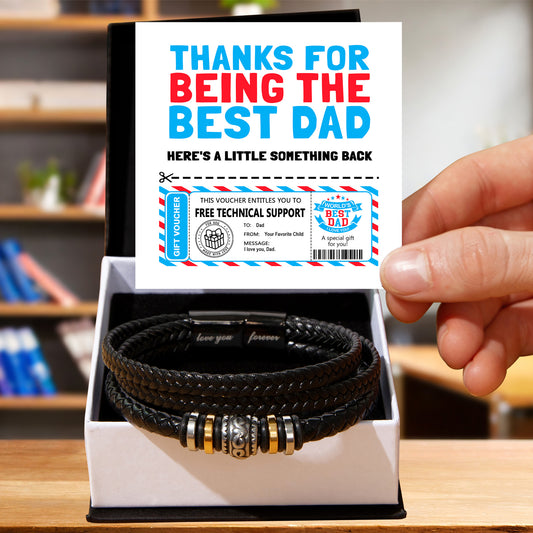 Funny Dad Gift Voucher Bracelet – Free Tech Support Token for the World’s Best Dad – Father’s Day Leather Bracelet Gift from Son or Daughter with Humorous Message Card - Mallard Moon Gift Shop