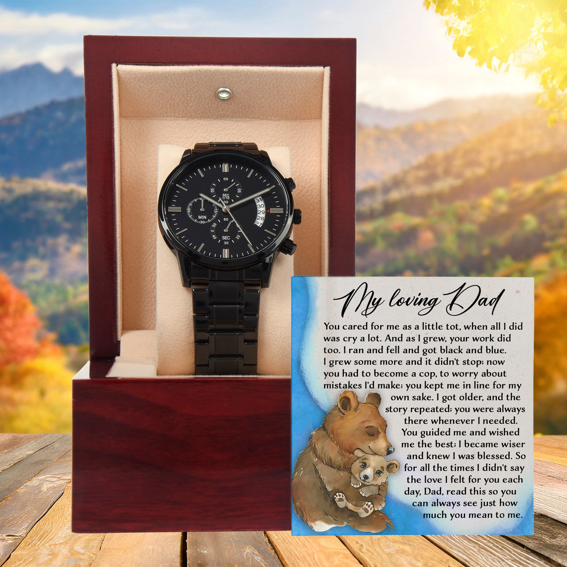 To My Loving Dad Watch Gift | Growing Love Poem Keepsake | Father's Day, Birthday, or Christmas Gift from Daughter or Son | Luxury Black Chronograph Men's Watch with Inspirational Message - Mallard Moon Gift Shop