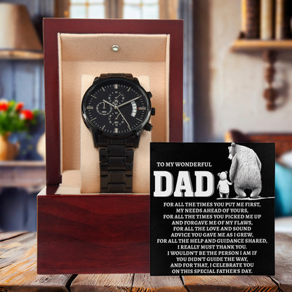 To My Wonderful Dad Men's Black Chronograph Watch – Elegant Father's Day Gift, Luxury Stainless Steel Watch with Engraved Message Card – A Timeless Gift of Thanks for Loving Fathers - Mallard Moon Gift Shop