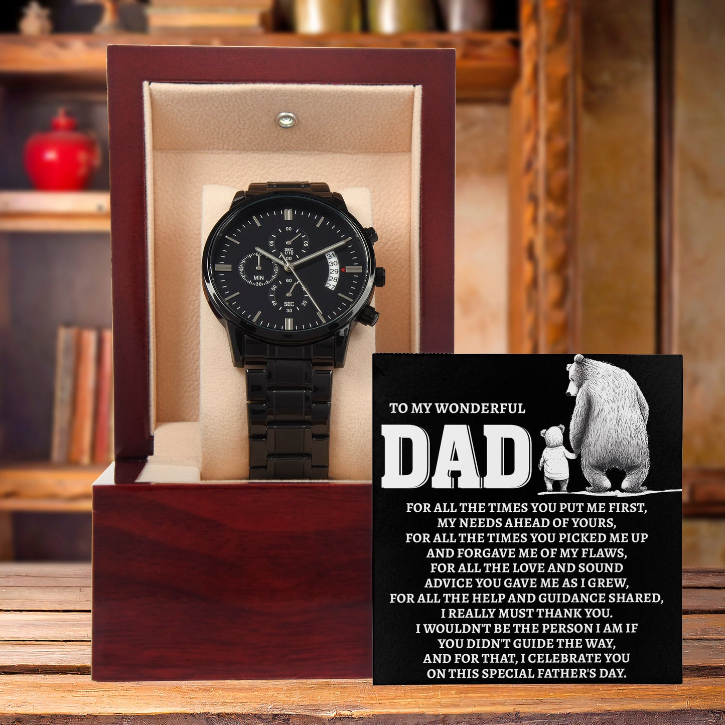 To My Wonderful Dad Men's Black Chronograph Watch – Elegant Father's Day Gift, Luxury Stainless Steel Watch with Engraved Message Card – A Timeless Gift of Thanks for Loving Fathers - Mallard Moon Gift Shop