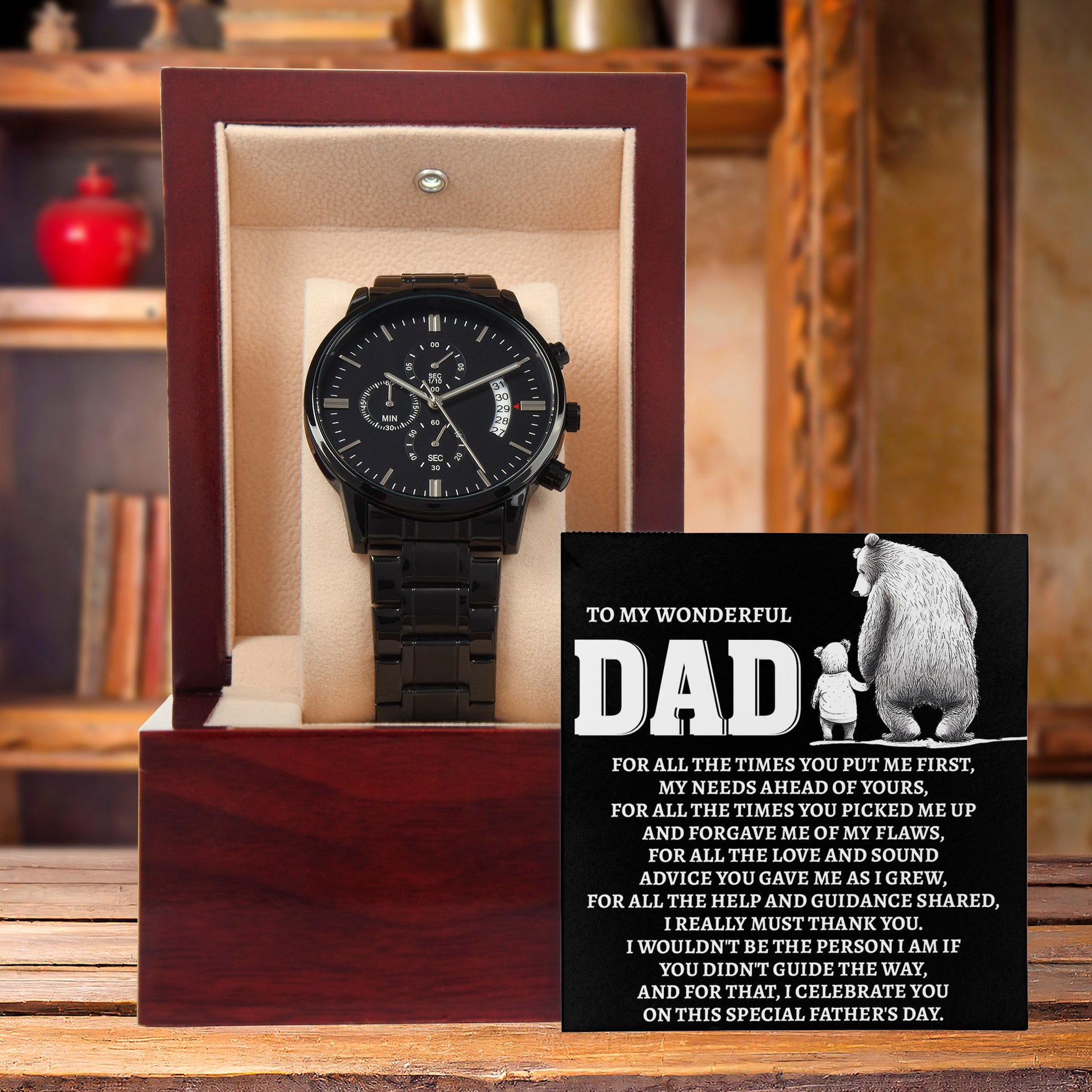 To My Wonderful Dad Men's Black Chronograph Watch – Elegant Father's Day Gift, Luxury Stainless Steel Watch with Engraved Message Card – A Timeless Gift of Thanks for Loving Fathers - Mallard Moon Gift Shop
