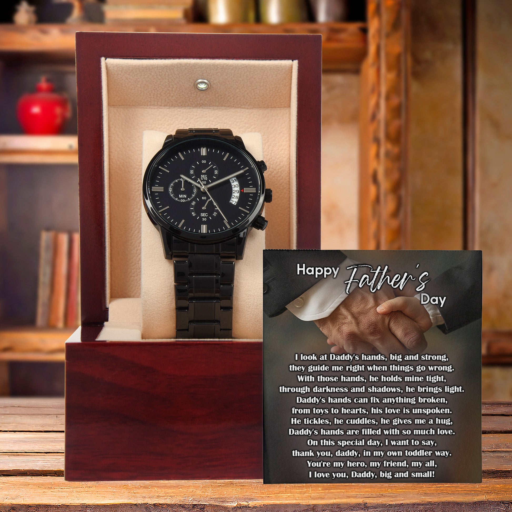 To My Dad Black Chronograph Watch - Daddy's Hands Father's Day Gift from Daughter or Son - Sentimental Watch for Dad - Birthday, Christmas, Appreciation Gift for Father - Mallard Moon Gift Shop