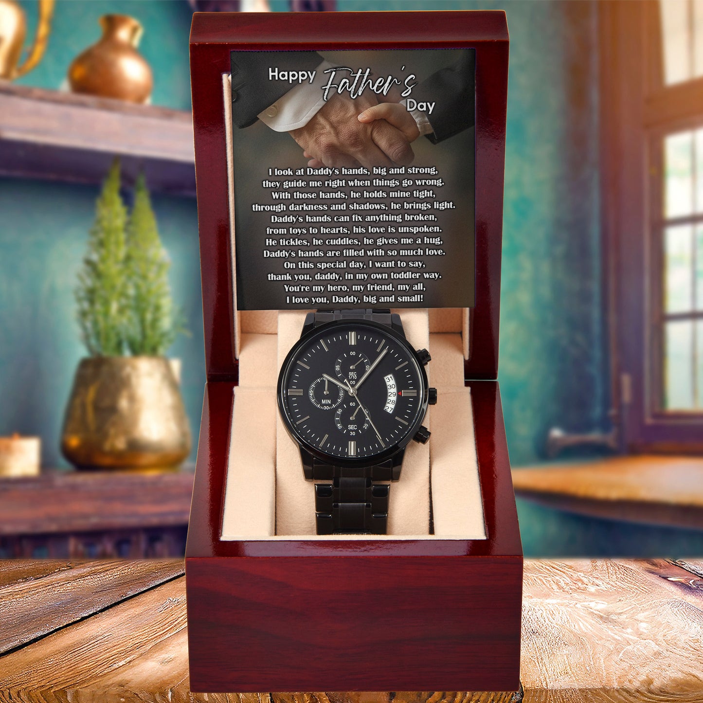 To My Dad Black Chronograph Watch - Daddy's Hands Father's Day Gift from Daughter or Son - Sentimental Watch for Dad - Birthday, Christmas, Appreciation Gift for Father - Mallard Moon Gift Shop