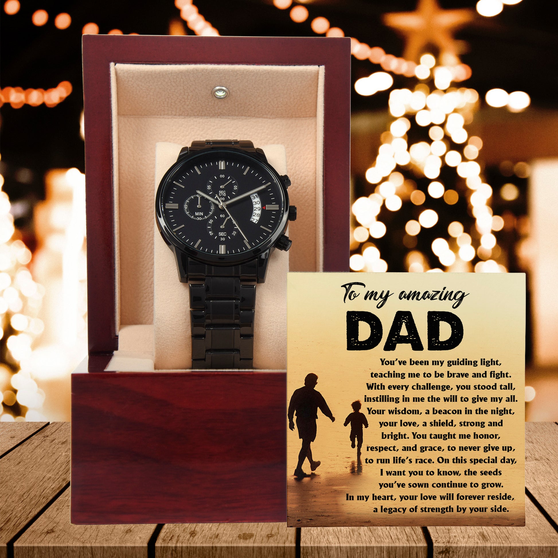 To My Amazing Dad - Legacy of Strength Watch | Sentimental Father's Day Gift from Son or Daughter | Luxury Black Chronograph Stainless Steel Watch with Heartfelt Message Card - Mallard Moon Gift Shop