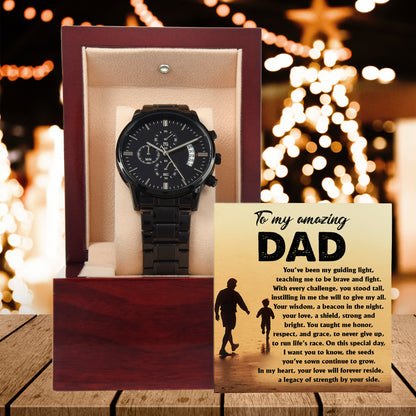 To My Amazing Dad - Legacy of Strength Watch | Sentimental Father's Day Gift from Son or Daughter | Luxury Black Chronograph Stainless Steel Watch with Heartfelt Message Card - Mallard Moon Gift Shop