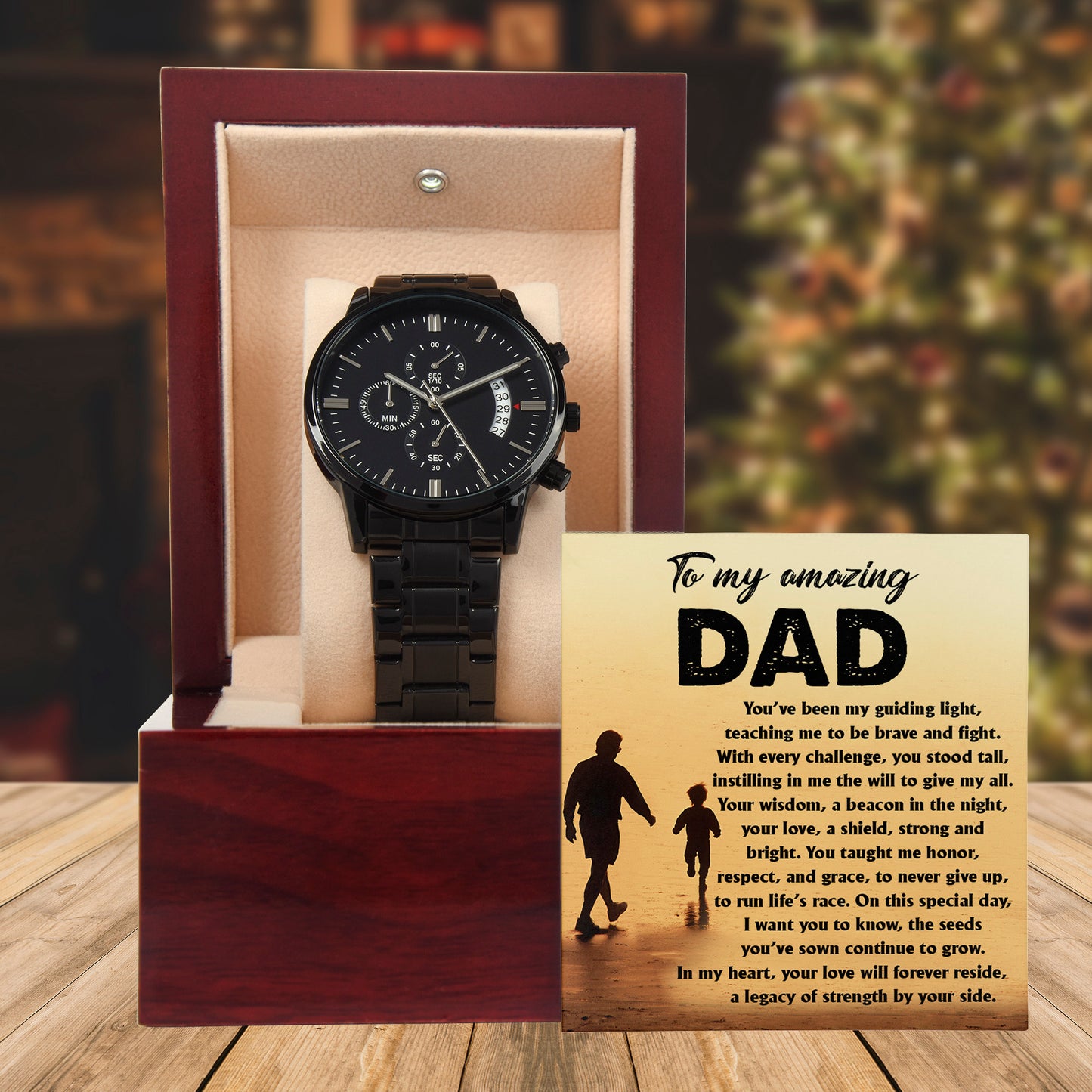 To My Amazing Dad - Legacy of Strength Watch | Sentimental Father's Day Gift from Son or Daughter | Luxury Black Chronograph Stainless Steel Watch with Heartfelt Message Card - Mallard Moon Gift Shop