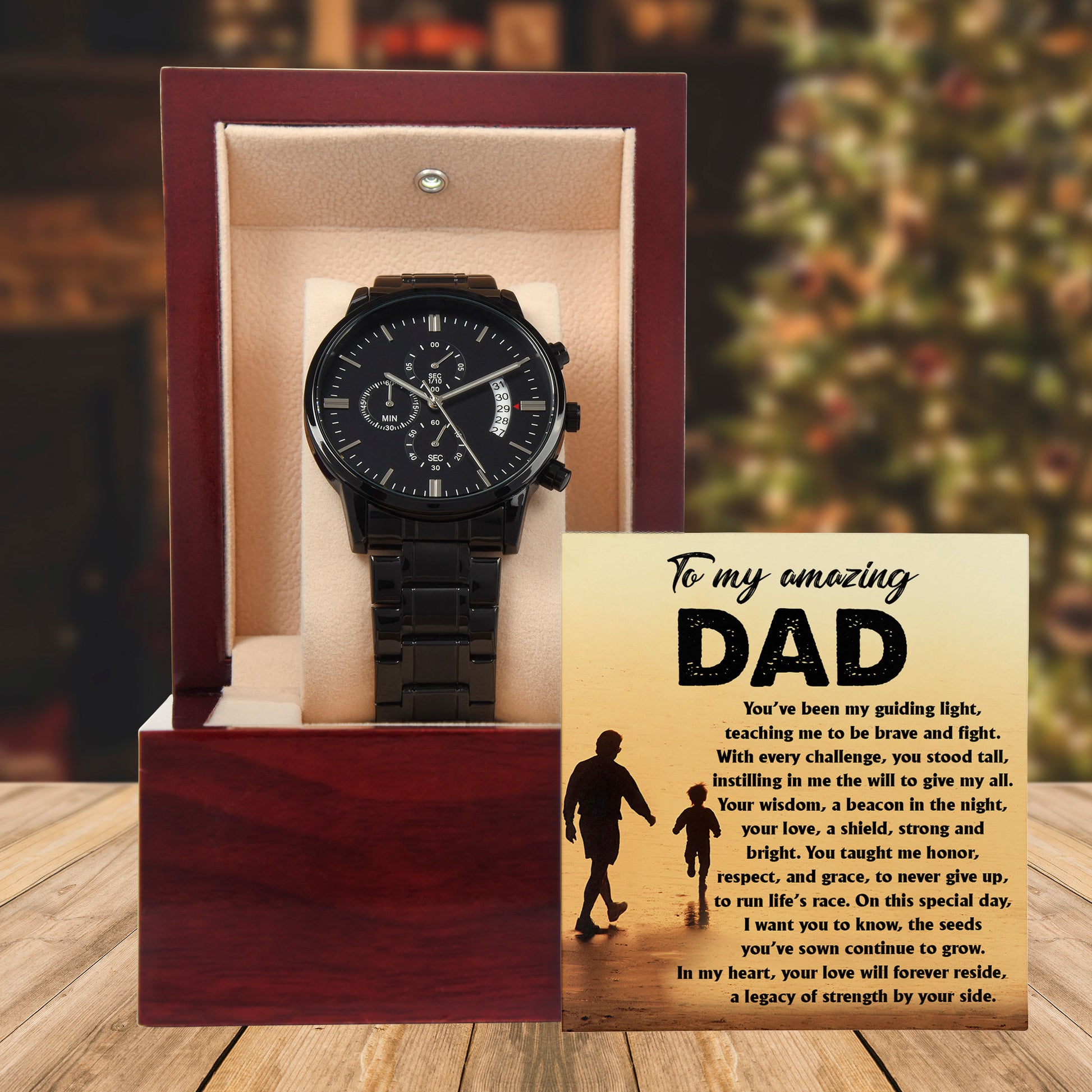 To My Amazing Dad - Legacy of Strength Watch | Sentimental Father's Day Gift from Son or Daughter | Luxury Black Chronograph Stainless Steel Watch with Heartfelt Message Card - Mallard Moon Gift Shop