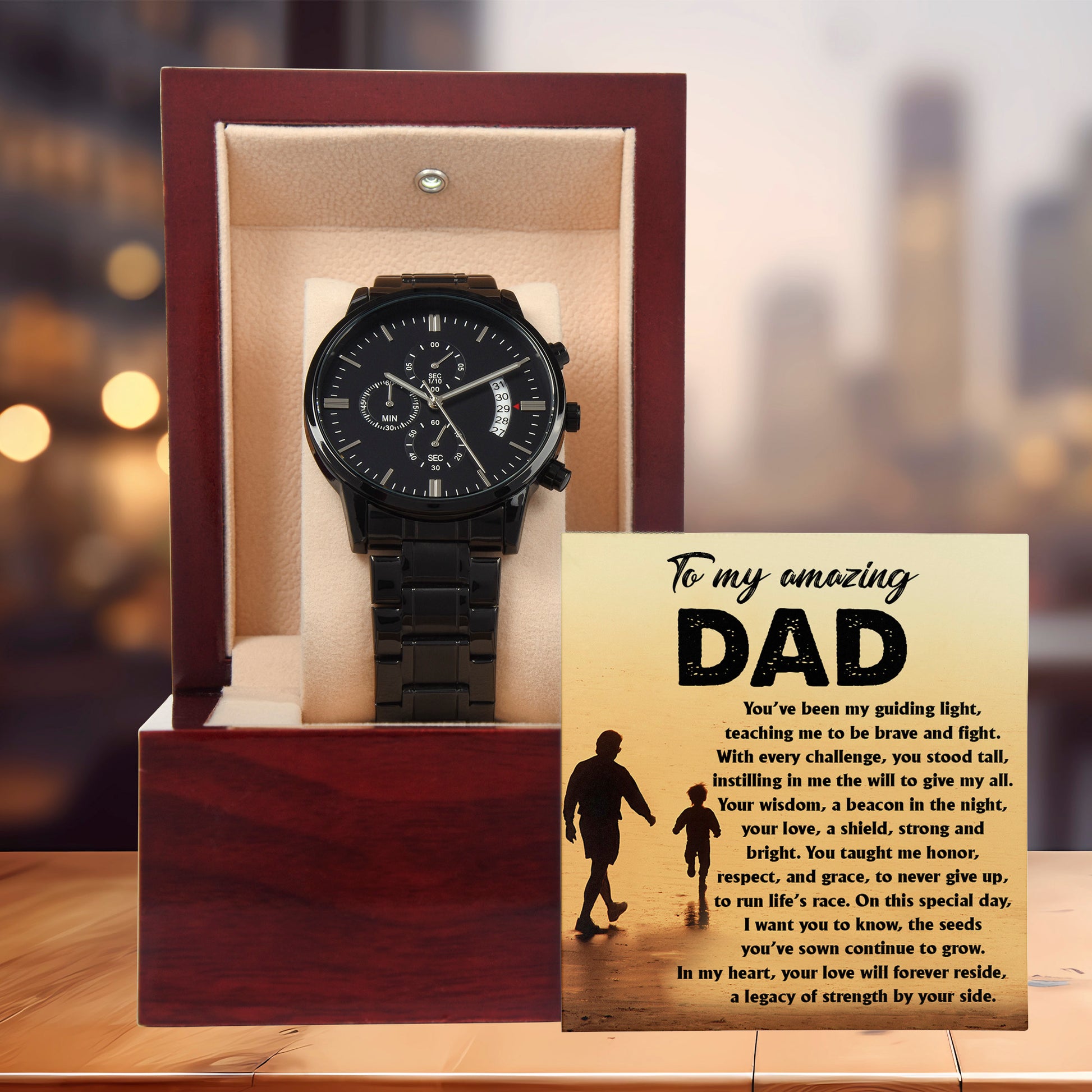 To My Amazing Dad - Legacy of Strength Watch | Sentimental Father's Day Gift from Son or Daughter | Luxury Black Chronograph Stainless Steel Watch with Heartfelt Message Card - Mallard Moon Gift Shop