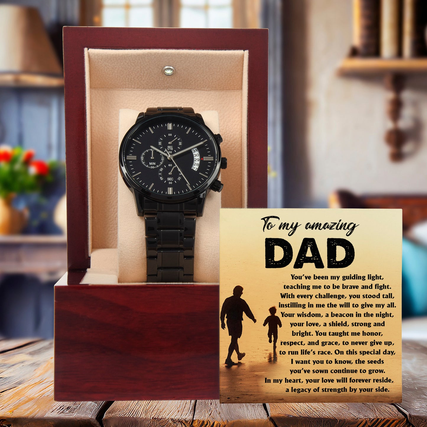To My Amazing Dad - Legacy of Strength Watch | Sentimental Father's Day Gift from Son or Daughter | Luxury Black Chronograph Stainless Steel Watch with Heartfelt Message Card - Mallard Moon Gift Shop