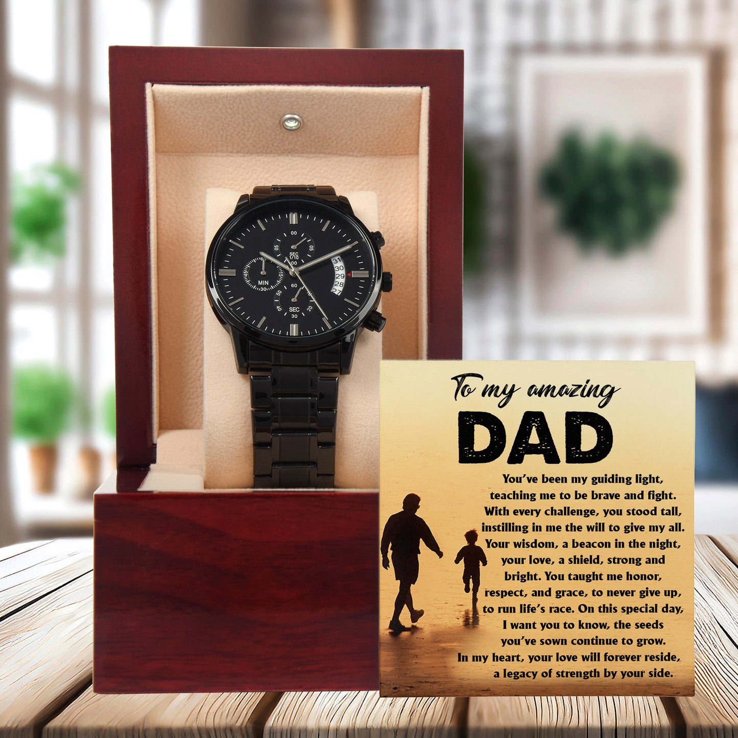 To My Amazing Dad - Legacy of Strength Watch | Sentimental Father's Day Gift from Son or Daughter | Luxury Black Chronograph Stainless Steel Watch with Heartfelt Message Card - Mallard Moon Gift Shop