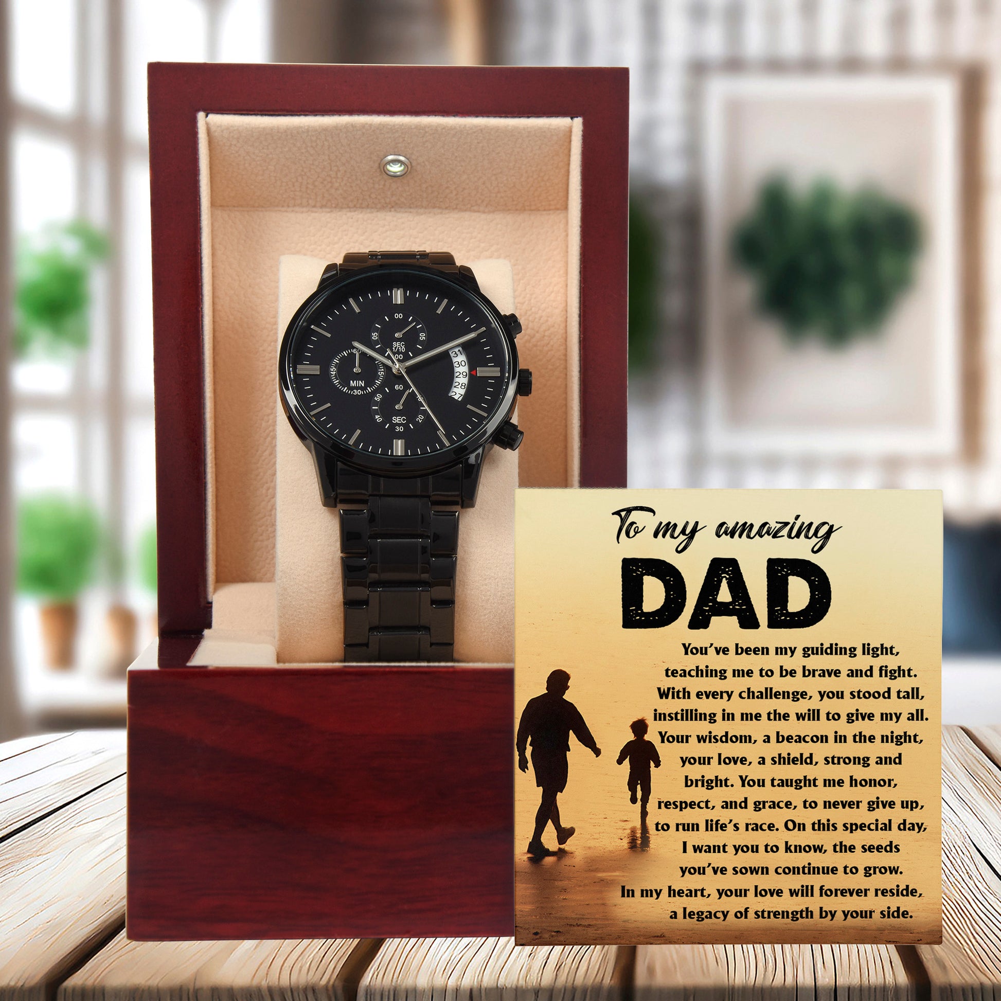 To My Amazing Dad - Legacy of Strength Watch | Sentimental Father's Day Gift from Son or Daughter | Luxury Black Chronograph Stainless Steel Watch with Heartfelt Message Card - Mallard Moon Gift Shop
