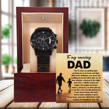 To My Amazing Dad - Legacy of Strength Watch | Sentimental Father's Day Gift from Son or Daughter | Luxury Black Chronograph Stainless Steel Watch with Heartfelt Message Card - Mallard Moon Gift Shop