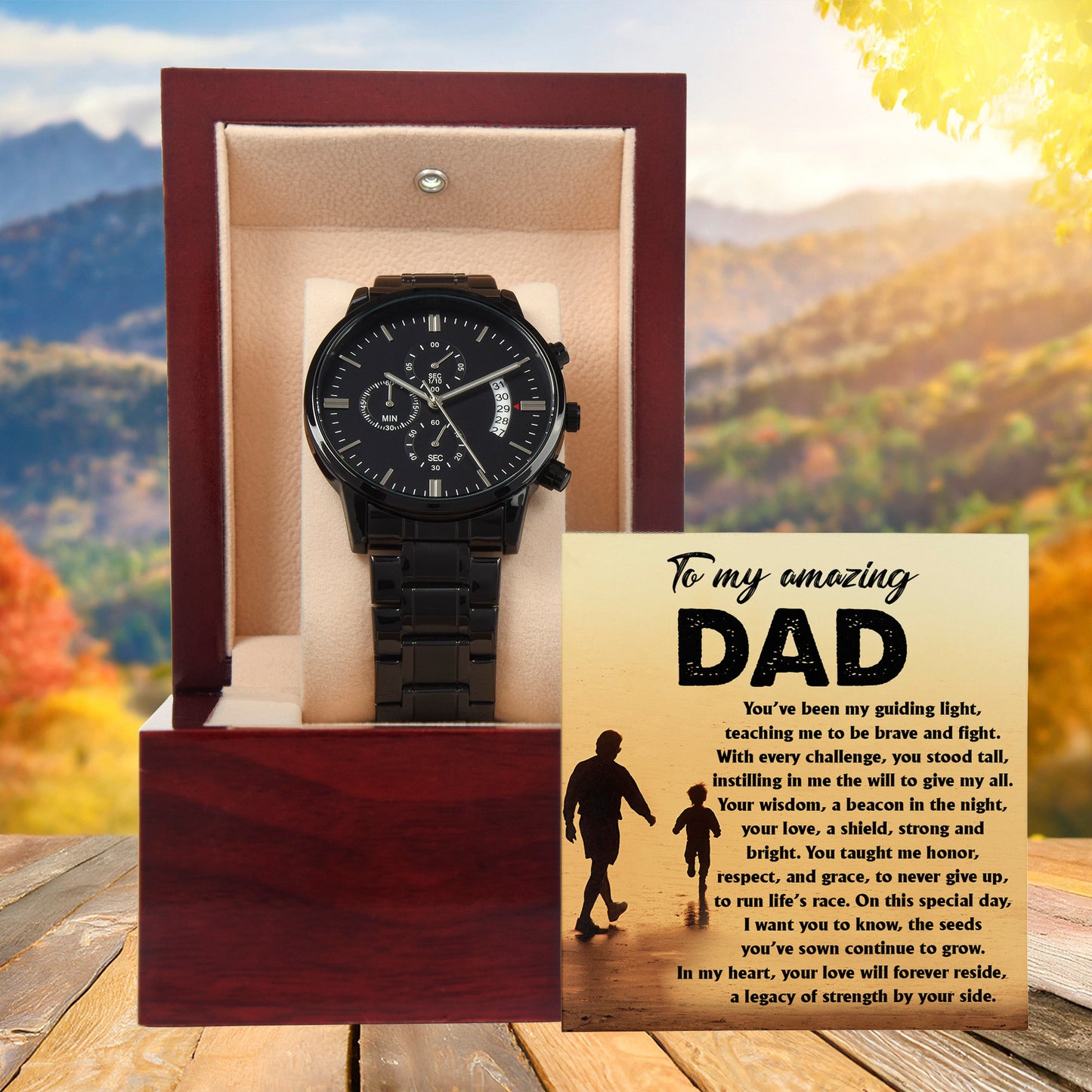 To My Amazing Dad - Legacy of Strength Watch | Sentimental Father's Day Gift from Son or Daughter | Luxury Black Chronograph Stainless Steel Watch with Heartfelt Message Card - Mallard Moon Gift Shop