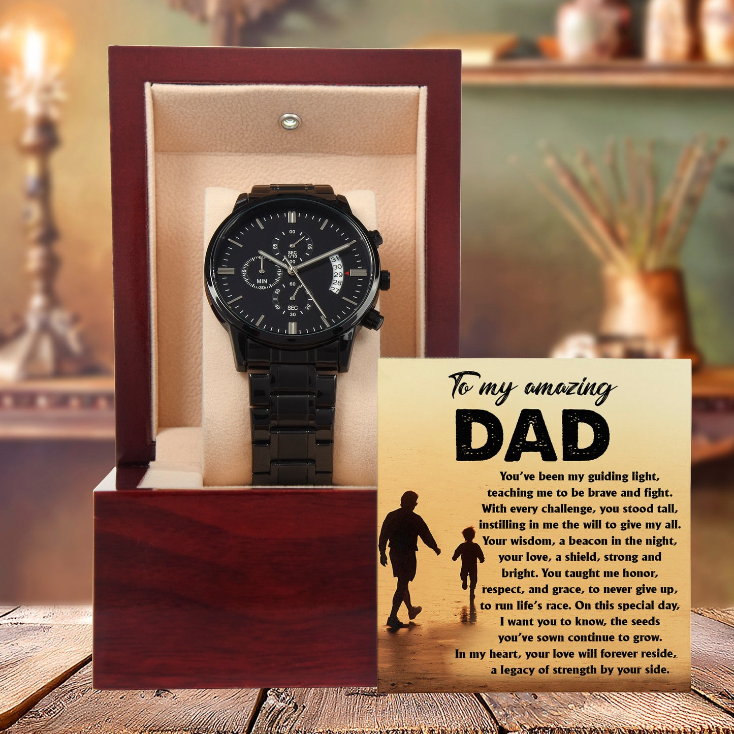 To My Amazing Dad - Legacy of Strength Watch | Sentimental Father's Day Gift from Son or Daughter | Luxury Black Chronograph Stainless Steel Watch with Heartfelt Message Card - Mallard Moon Gift Shop