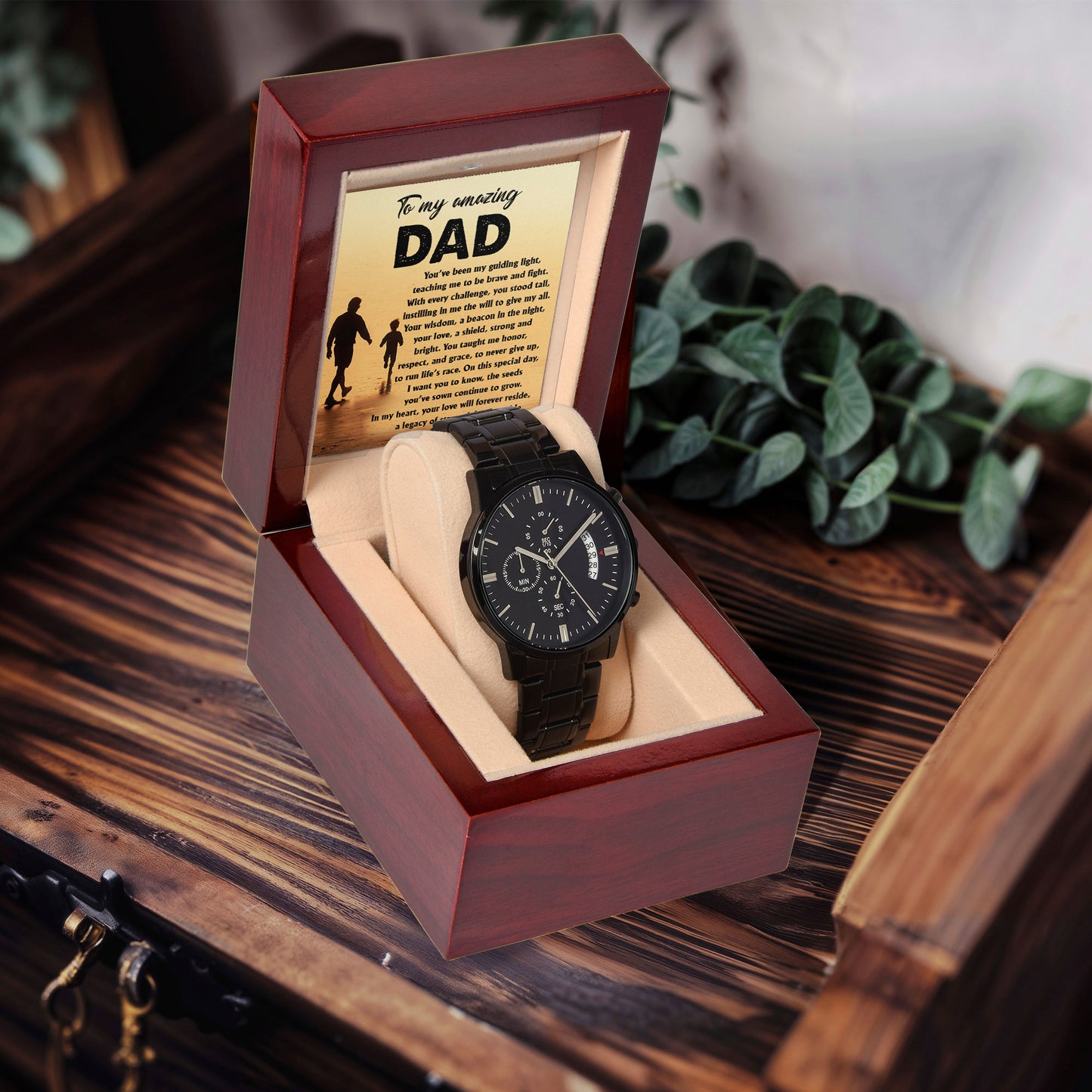 To My Amazing Dad - Legacy of Strength Watch | Sentimental Father's Day Gift from Son or Daughter | Luxury Black Chronograph Stainless Steel Watch with Heartfelt Message Card - Mallard Moon Gift Shop