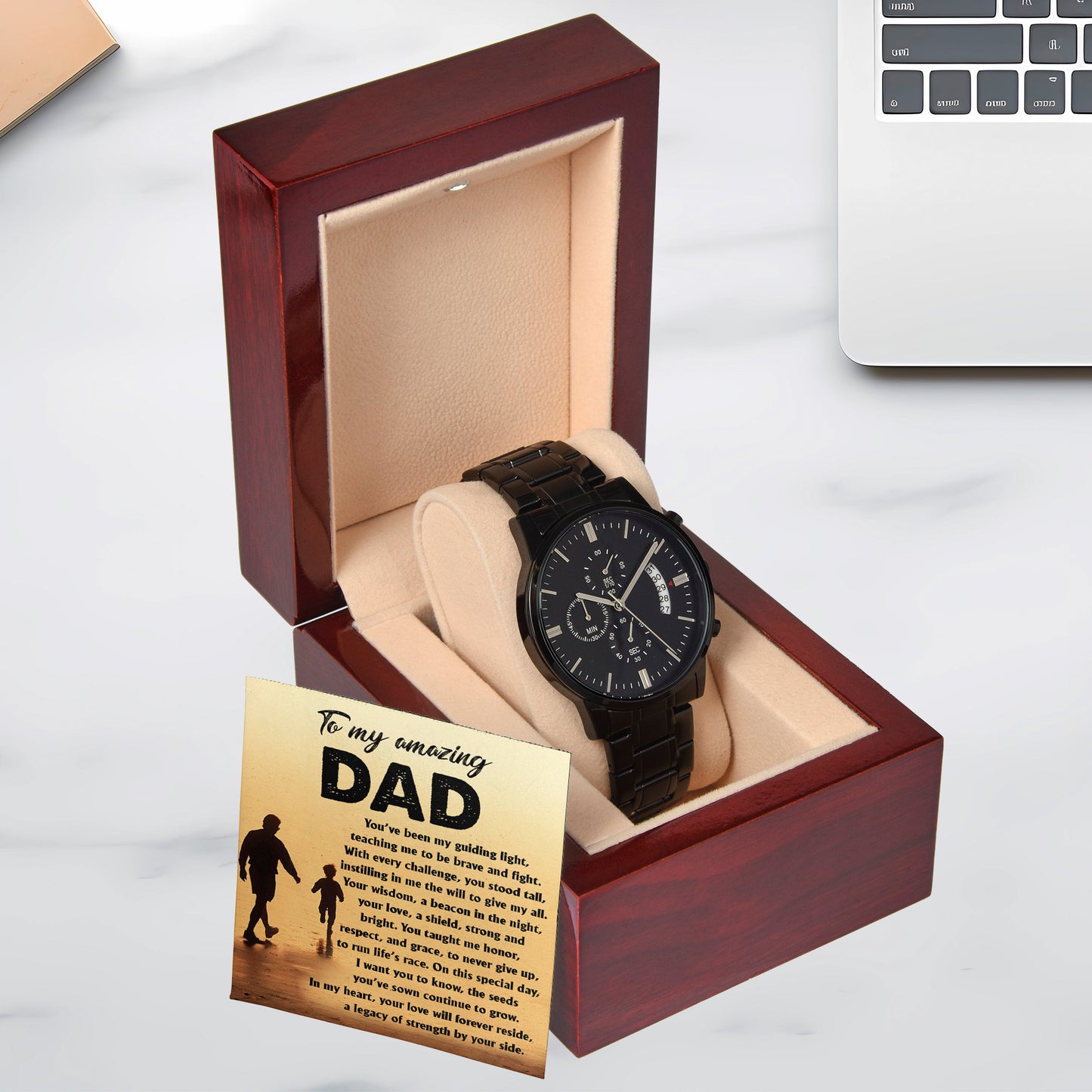 To My Amazing Dad - Legacy of Strength Watch | Sentimental Father's Day Gift from Son or Daughter | Luxury Black Chronograph Stainless Steel Watch with Heartfelt Message Card - Mallard Moon Gift Shop