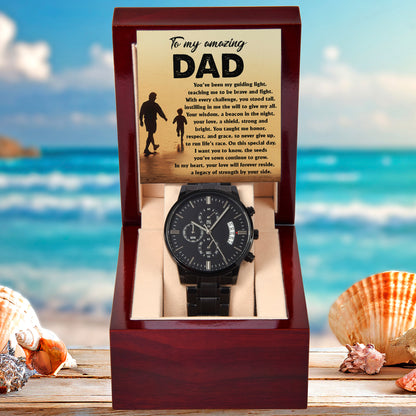 To My Amazing Dad - Legacy of Strength Watch | Sentimental Father's Day Gift from Son or Daughter | Luxury Black Chronograph Stainless Steel Watch with Heartfelt Message Card - Mallard Moon Gift Shop