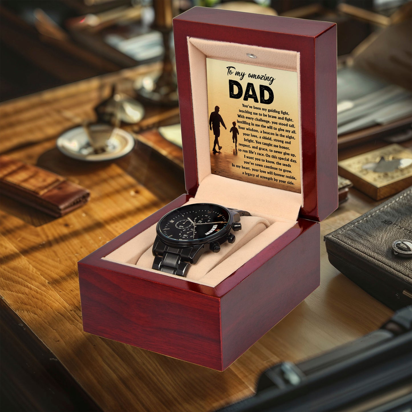 To My Amazing Dad - Legacy of Strength Watch | Sentimental Father's Day Gift from Son or Daughter | Luxury Black Chronograph Stainless Steel Watch with Heartfelt Message Card - Mallard Moon Gift Shop