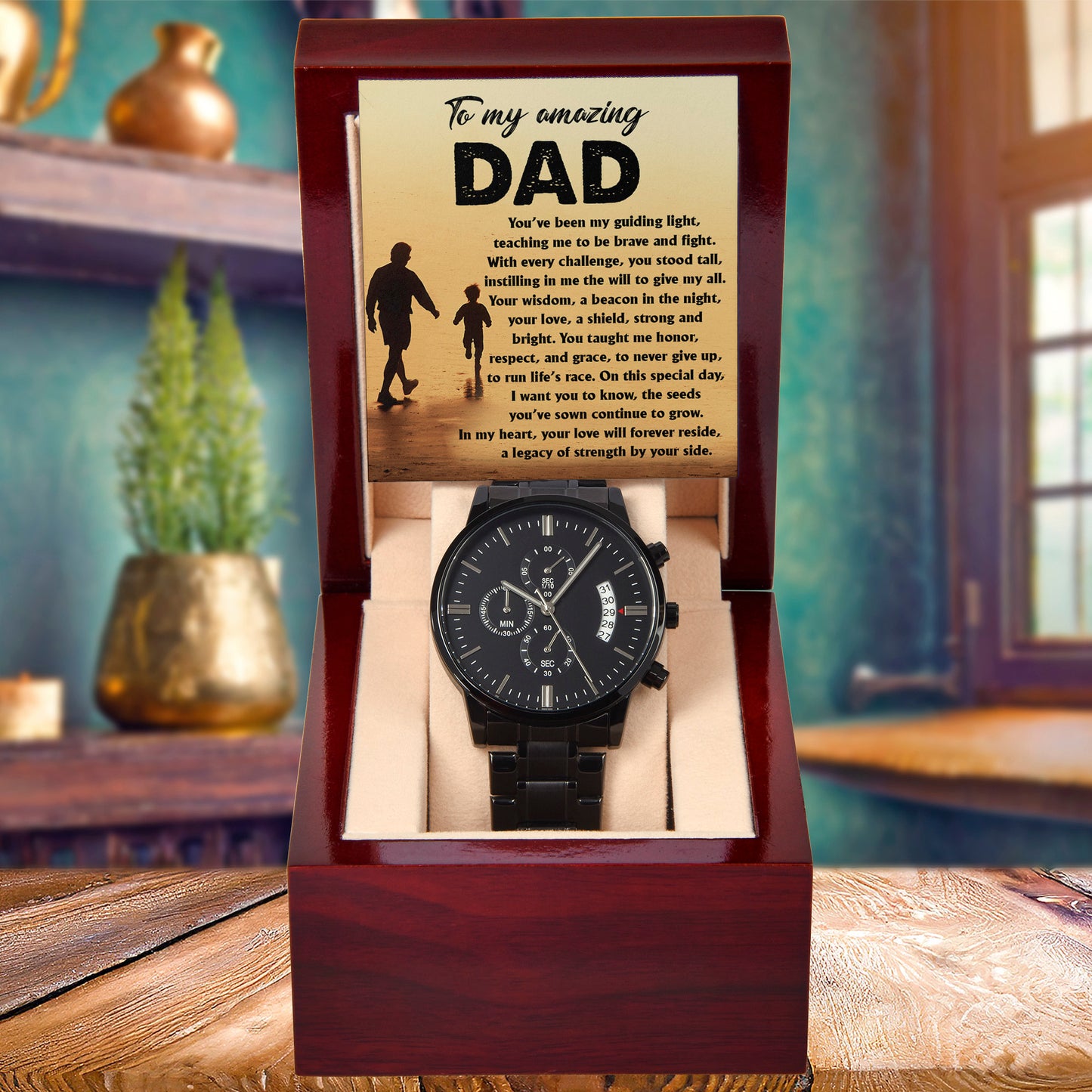 To My Amazing Dad - Legacy of Strength Watch | Sentimental Father's Day Gift from Son or Daughter | Luxury Black Chronograph Stainless Steel Watch with Heartfelt Message Card - Mallard Moon Gift Shop