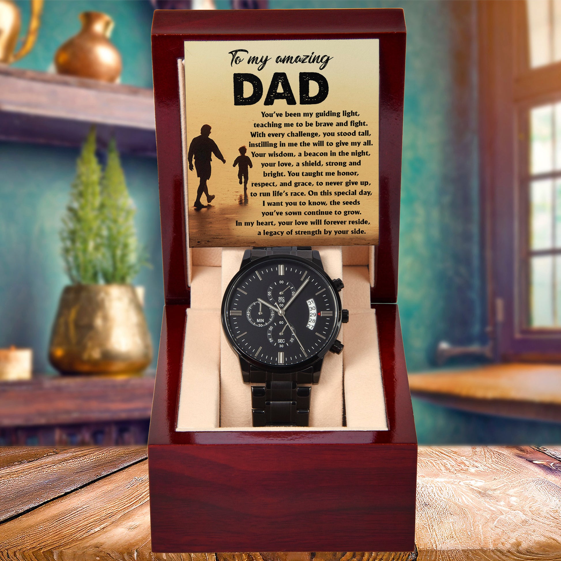 To My Amazing Dad - Legacy of Strength Watch | Sentimental Father's Day Gift from Son or Daughter | Luxury Black Chronograph Stainless Steel Watch with Heartfelt Message Card - Mallard Moon Gift Shop
