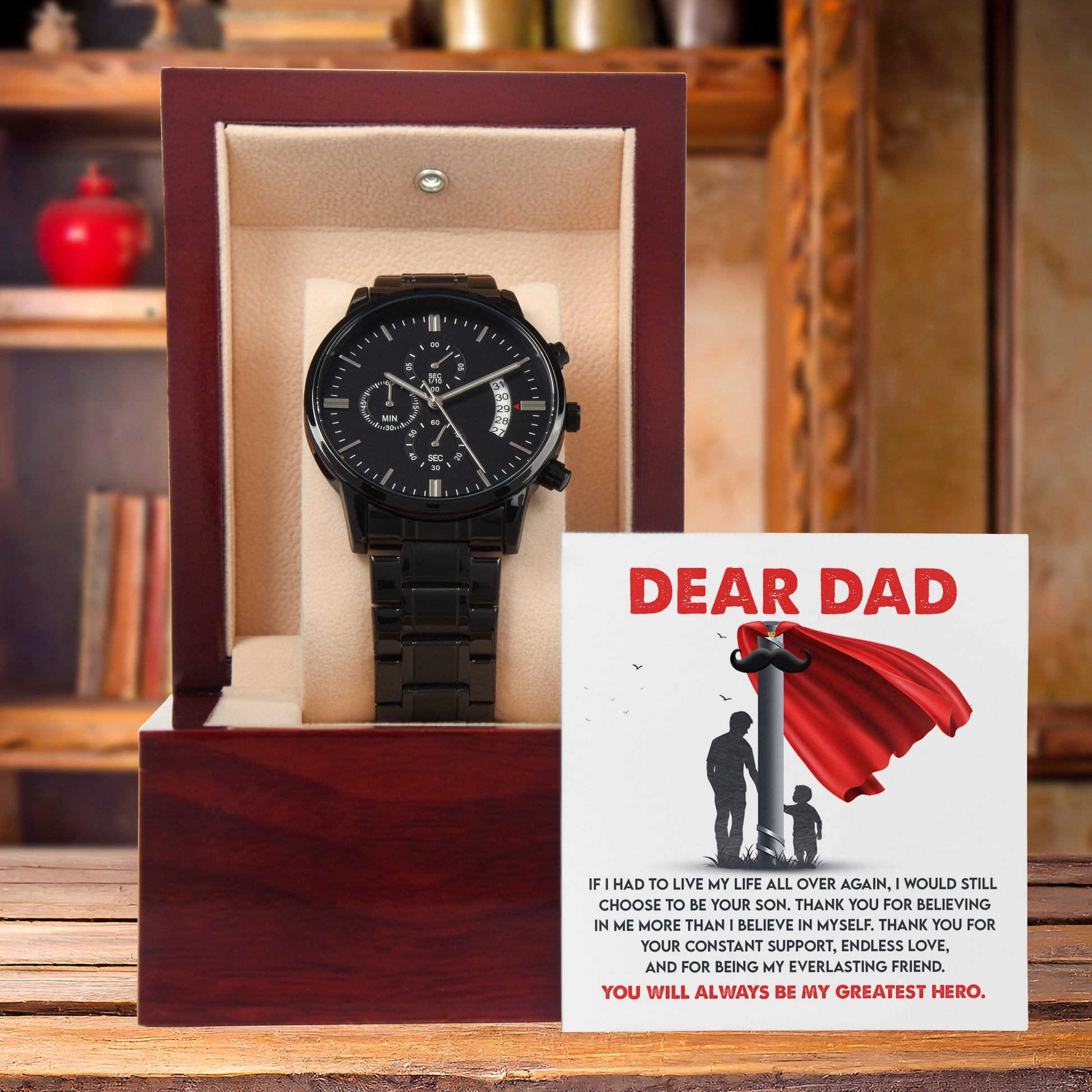 Dad Gift - You Are My Greatest Hero Black Chronograph Watch - Mallard Moon Gift Shop