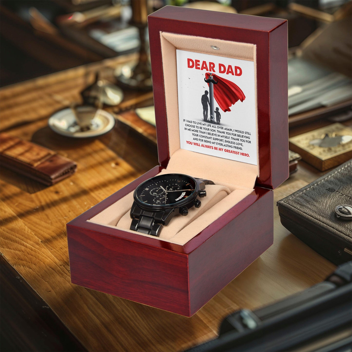 Dad Gift - You Are My Greatest Hero Black Chronograph Watch - Mallard Moon Gift Shop