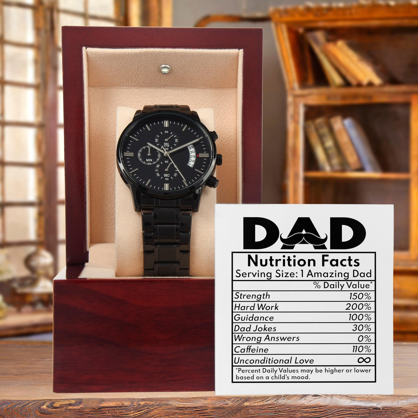 Dad Gift - Funny Nutrition Facts - Black Chronograph Watch - Mallard Moon Gift Shop