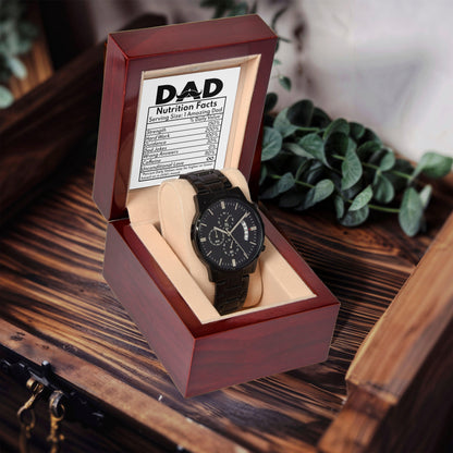 Dad Gift - Funny Nutrition Facts - Black Chronograph Watch - Mallard Moon Gift Shop