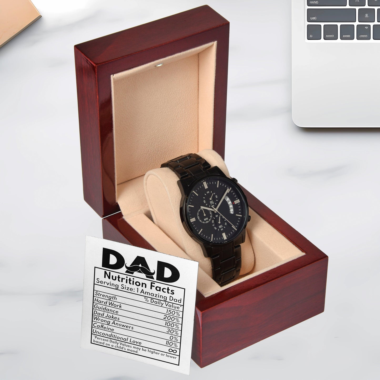 Dad Gift - Funny Nutrition Facts - Black Chronograph Watch - Mallard Moon Gift Shop