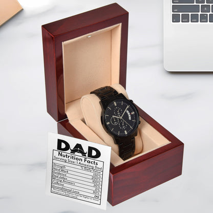 Dad Gift - Funny Nutrition Facts - Black Chronograph Watch - Mallard Moon Gift Shop