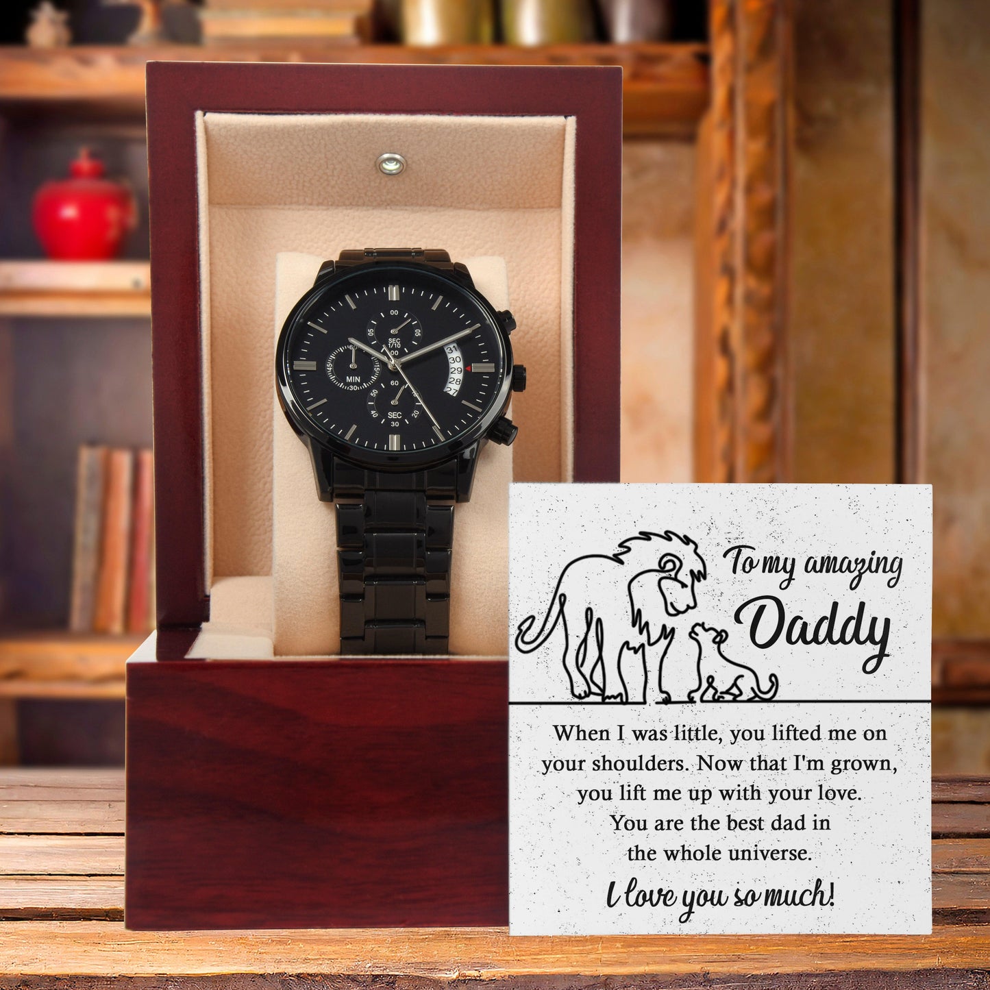 Dad Gift -You Lift My Up With Love Lion and Cub Black Chronograph Watch - Mallard Moon Gift Shop
