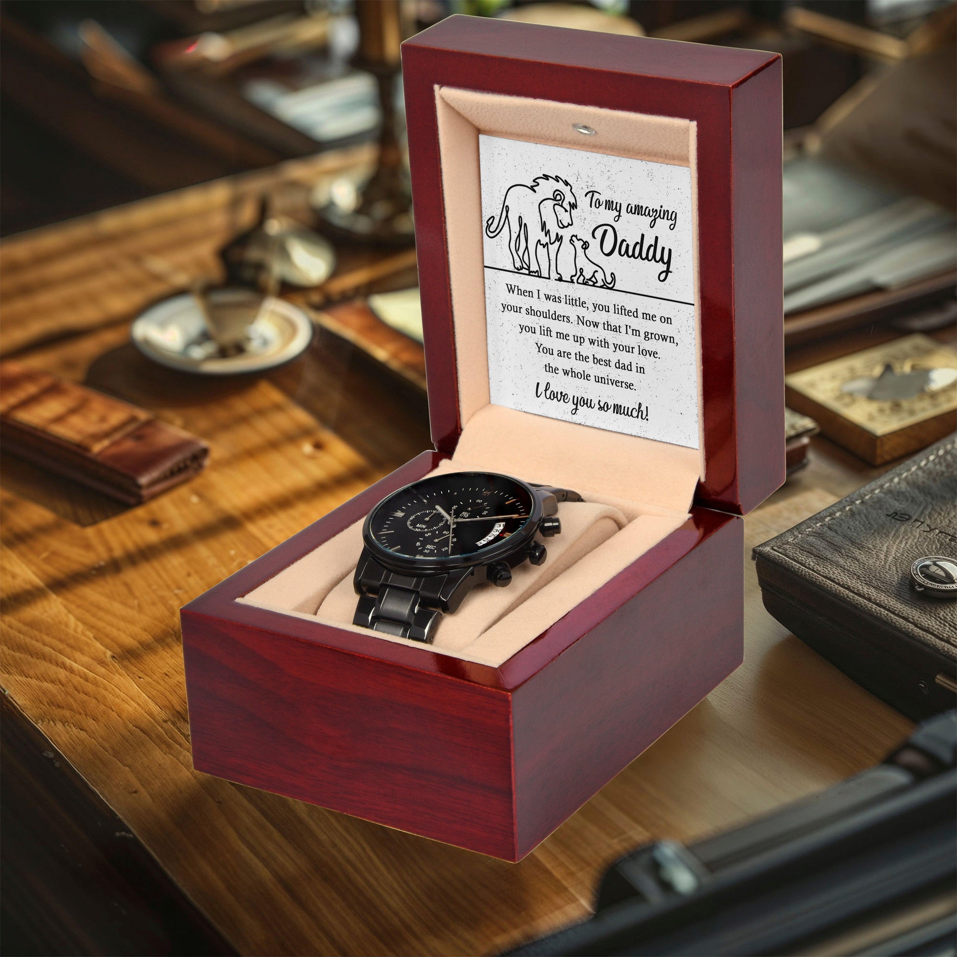 Dad Gift -You Lift My Up With Love Lion and Cub Black Chronograph Watch - Mallard Moon Gift Shop