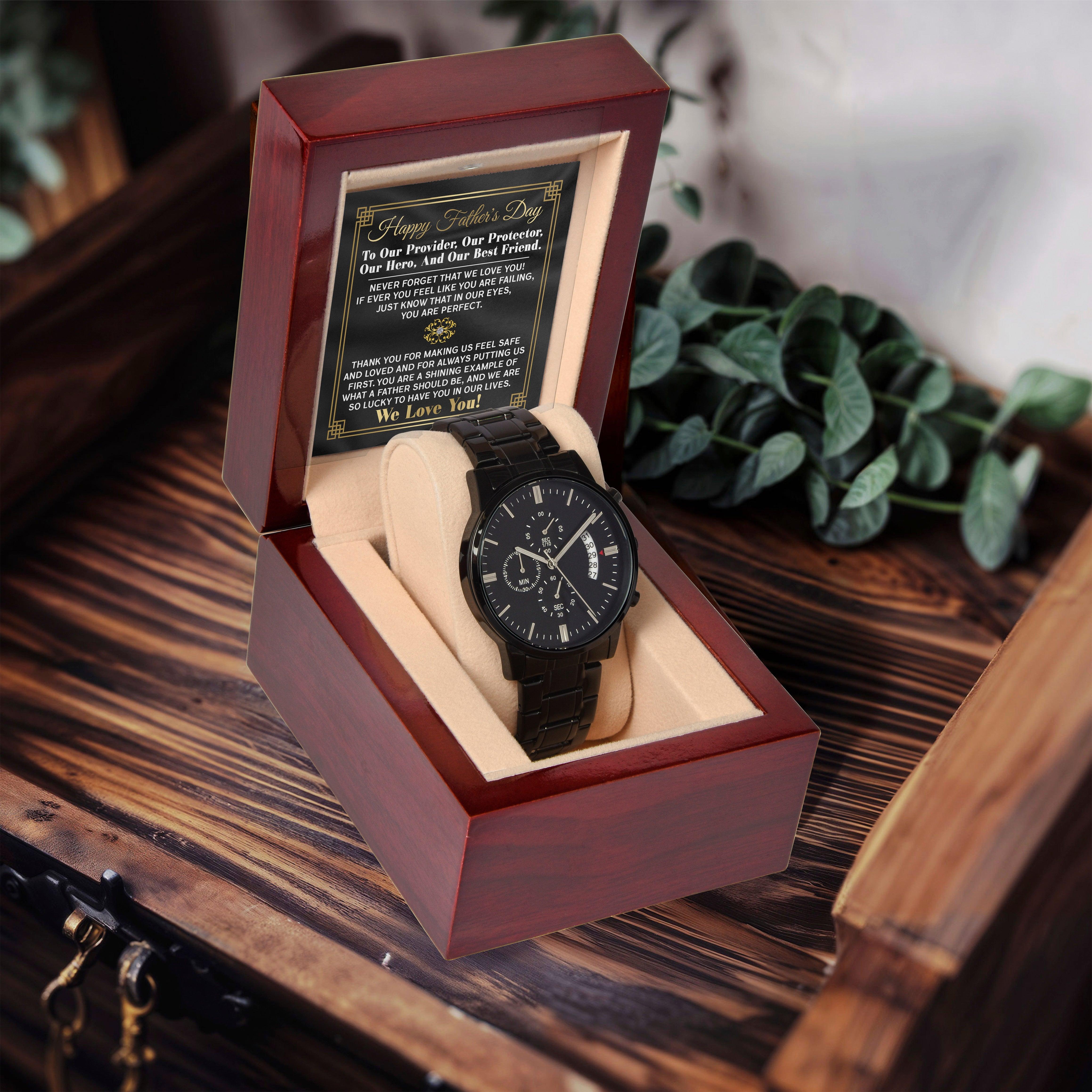 Dad Gift - Our Provider, Protector, Hero, Best Friend Black Chronograph Watch - Mallard Moon Gift Shop