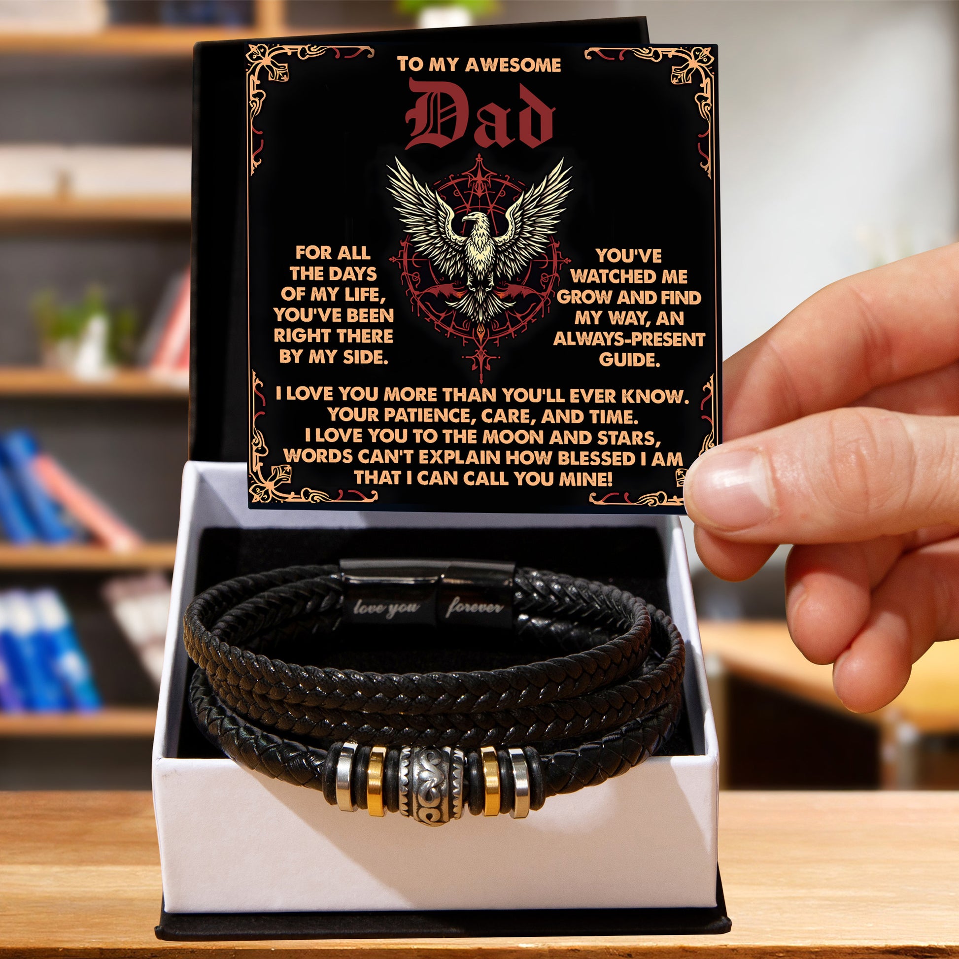 To My Awesome Dad Vegan Leather Bracelet  Birthday, Father's Day Gift with Norse-Inspired “Always Present Guide" Message Card - - Mallard Moon Gift Shop