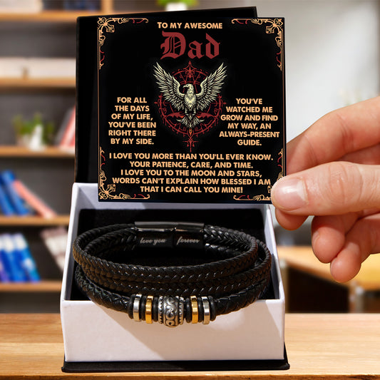 To My Awesome Dad Vegan Leather Bracelet  Birthday, Father's Day Gift with Norse-Inspired “Always Present Guide" Message Card - - Mallard Moon Gift Shop