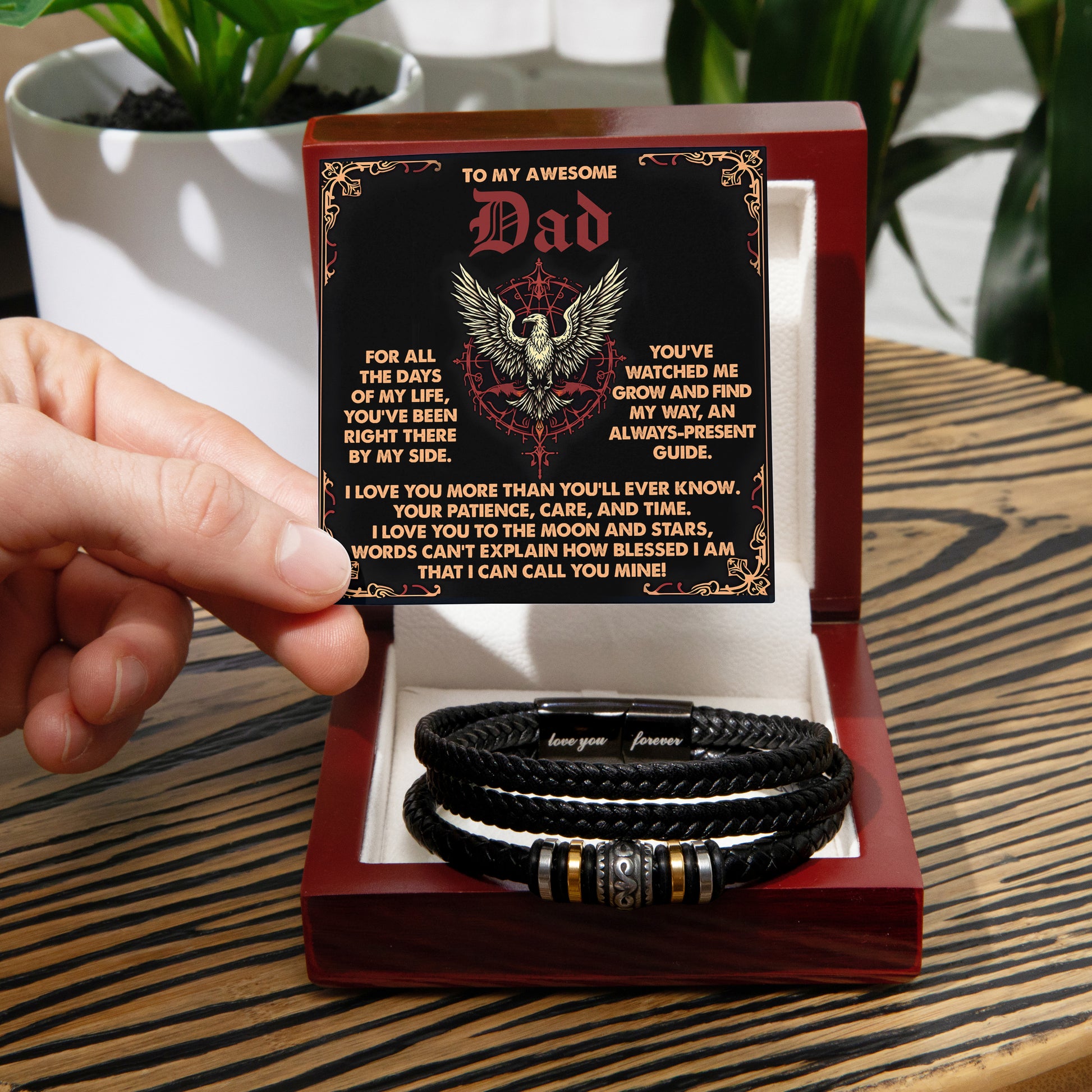 To My Awesome Dad Vegan Leather Bracelet  Birthday, Father's Day Gift with Norse-Inspired “Always Present Guide" Message Card - - Mallard Moon Gift Shop