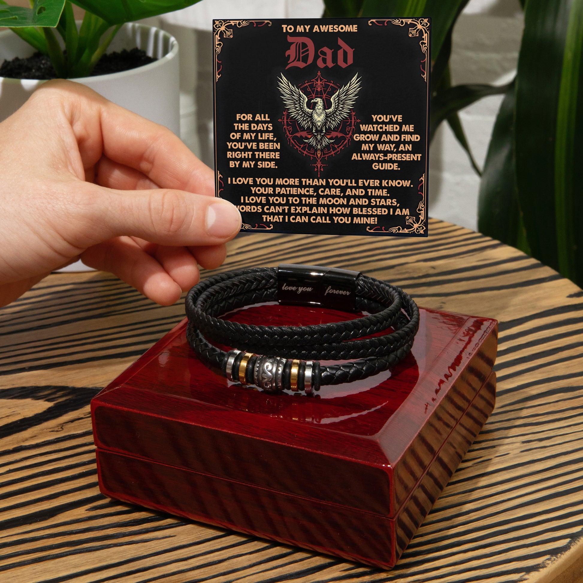 To My Awesome Dad Vegan Leather Bracelet  Birthday, Father's Day Gift with Norse-Inspired “Always Present Guide" Message Card - - Mallard Moon Gift Shop