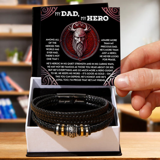To My Dad, My Hero - Father's Day, Birthday Gift for Dad - Men's Vegan Leather Bracelet with Viking Quiet Strength Message Card - Mallard Moon Gift Shop