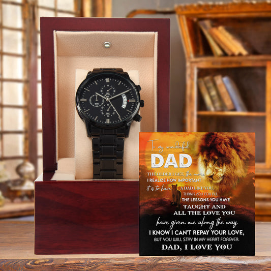 To My Dad Lion Chronograph Watch – Heartfelt Father's Day Gift from Son or Daughter – Black Steel Timepiece with Touching Message Card – "I Can't Repay Your Love, Dad, I Love You" - Mallard Moon Gift Shop