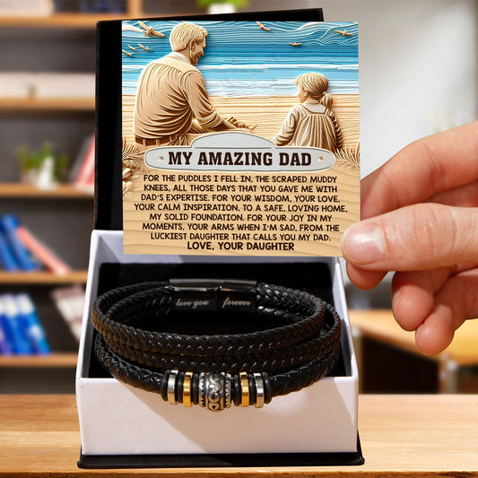My Amazing Dad Braided Leather Bracelet from Daughter - Solid Foundation, Calm Inspiration, Loving Home, Heartfelt Father's Day Gift - Mallard Moon Gift Shop